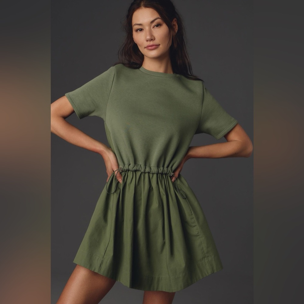 Anthropologie Pilcro NWT Short-Sleeve Sweatshirt Twofer Mini Dress Moss Green